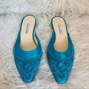 Oscar de la Renta turquoise silk embellished mule